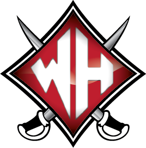 Wade Hampton High School Logo Full Color. The design shows a red diamond shield, with a large W and H in the center. Behind the diamond shield are silver swords crossing in an x pattern.